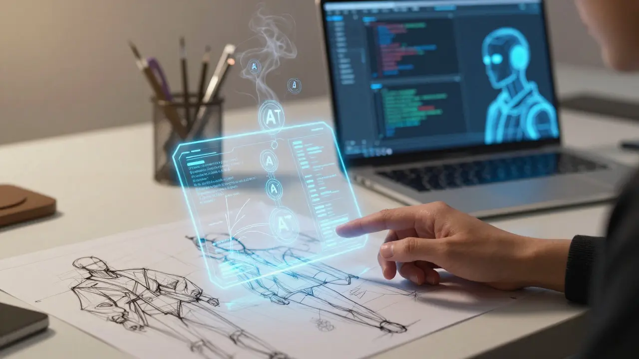 Human hand labeling blockchain data on hologram while AI generates code