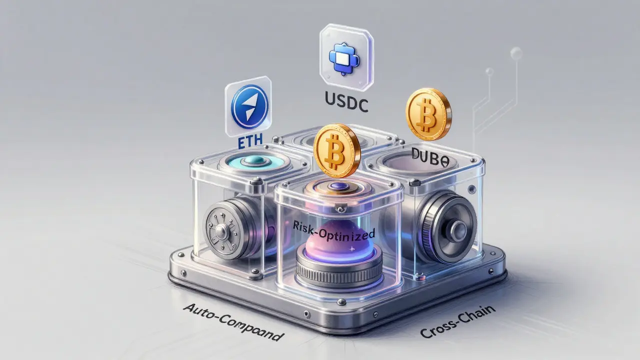 Layered vault system illustrating Yearn Finance's automated crypto yield strategies.