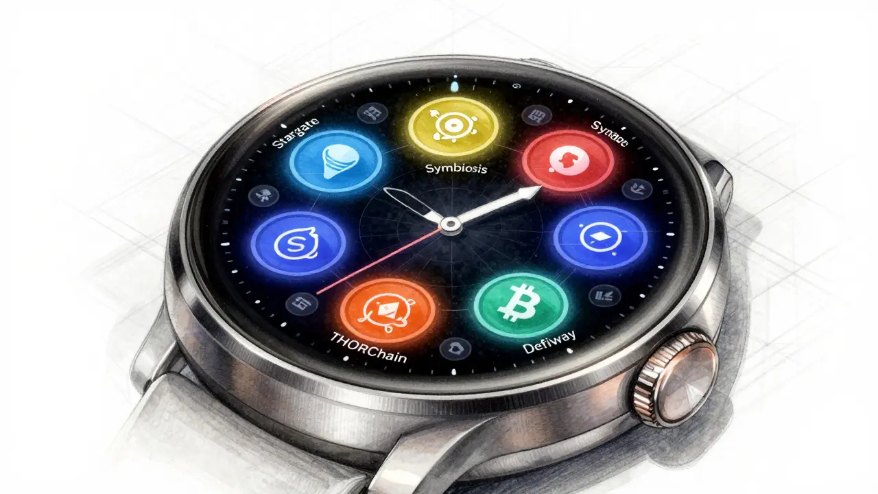 Luxury smartwatch face design with seven DeFi bridge icons glowing around token symbols.