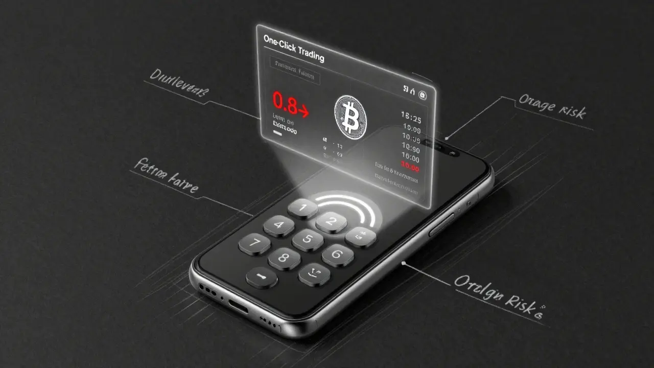 Mobile One-Click Trading device with PIN keypad and holographic trade overlay in progress.