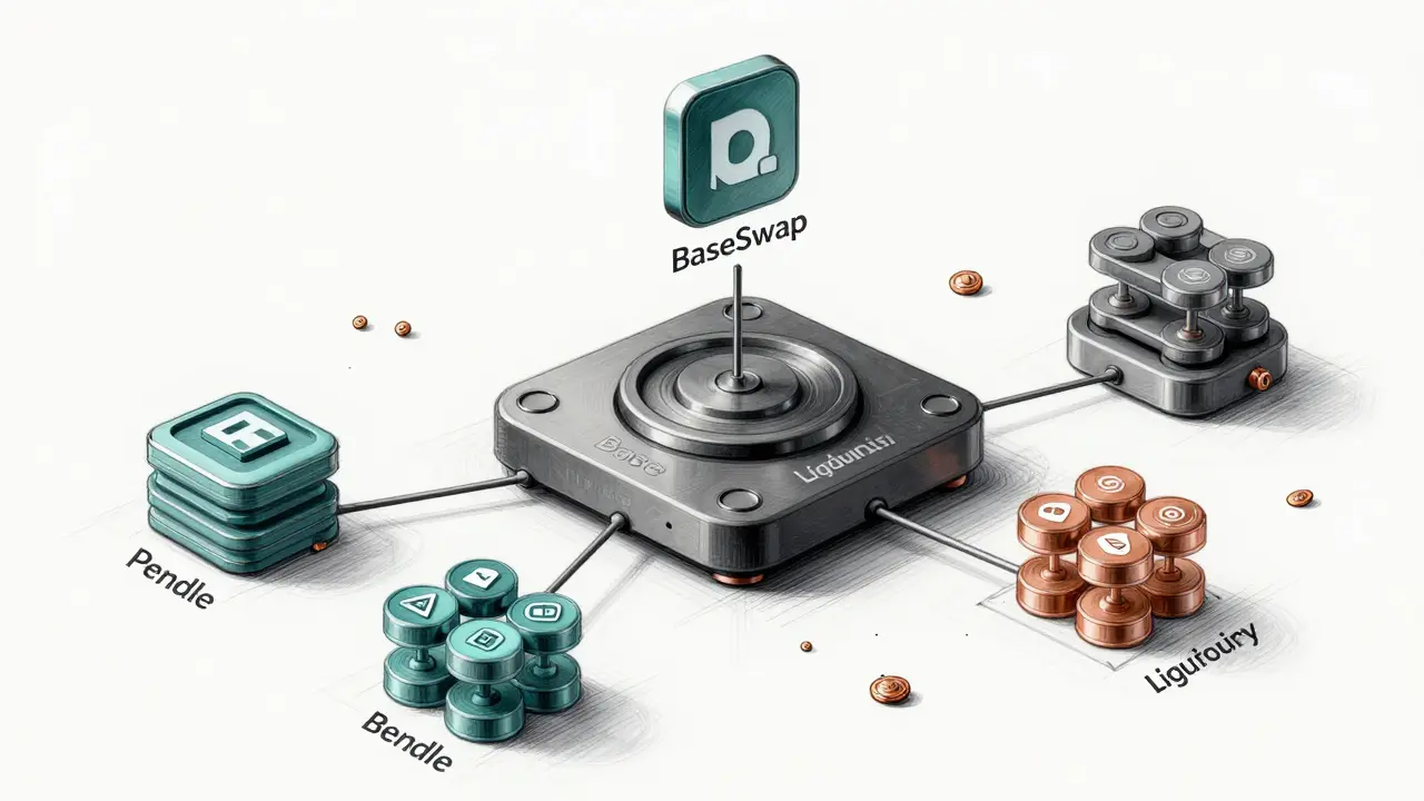 Modular blockchain ecosystem device with Base hub and connected DeFi protocols