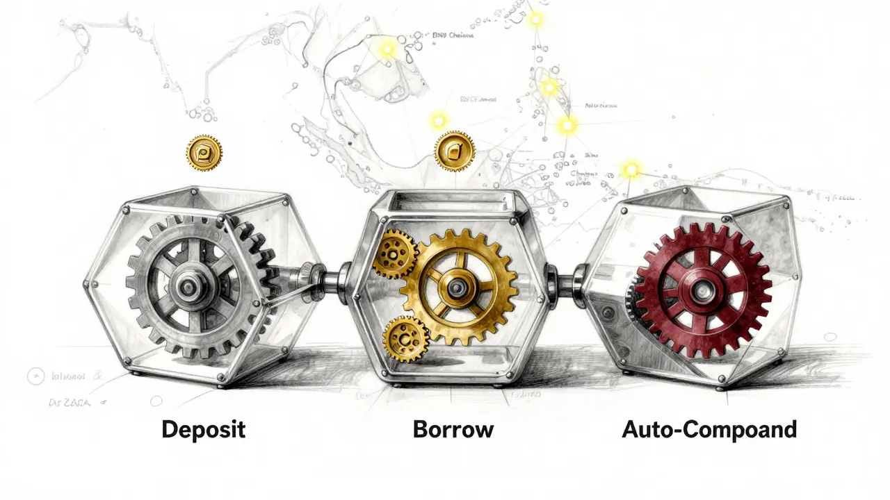 Modular DeFi toolkit with deposit, borrow, and auto-compound components in geometric form