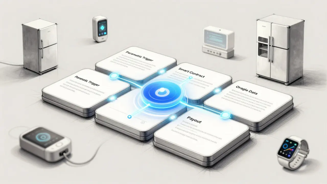 Modular insurance platform dashboard with interconnected blockchain modules and connected IoT devices.