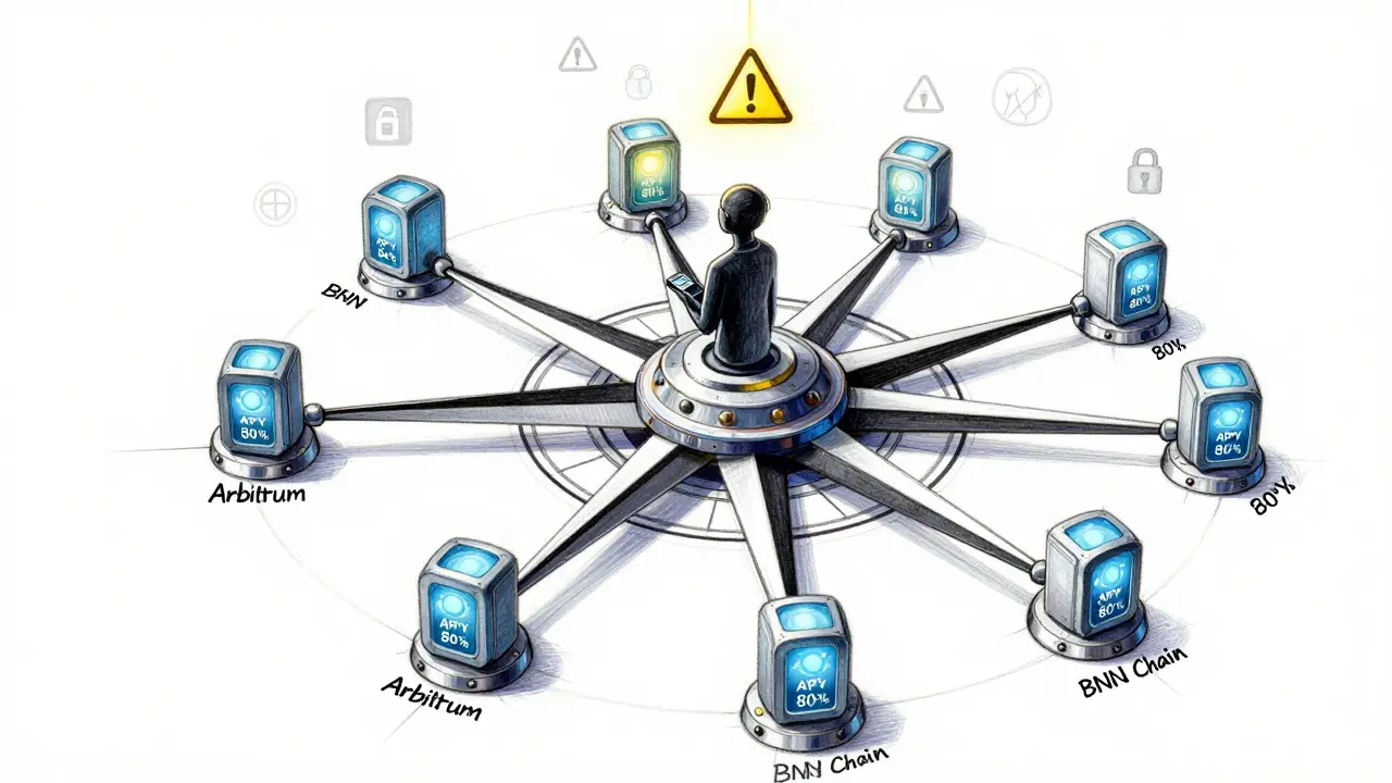Multi-chain yield compass with glowing vaults and risk indicators for Beefy Finance.
