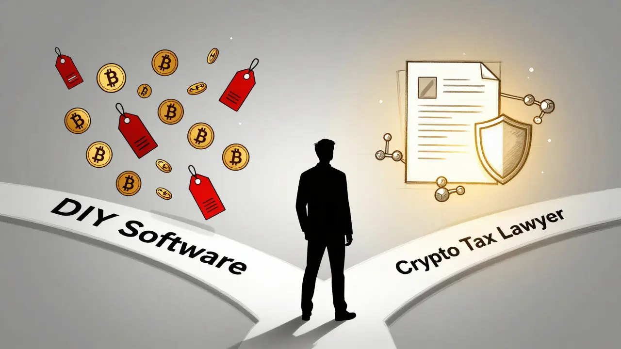Person at a crossroads: one path chaotic with crypto symbols, the other lit by legal protection.