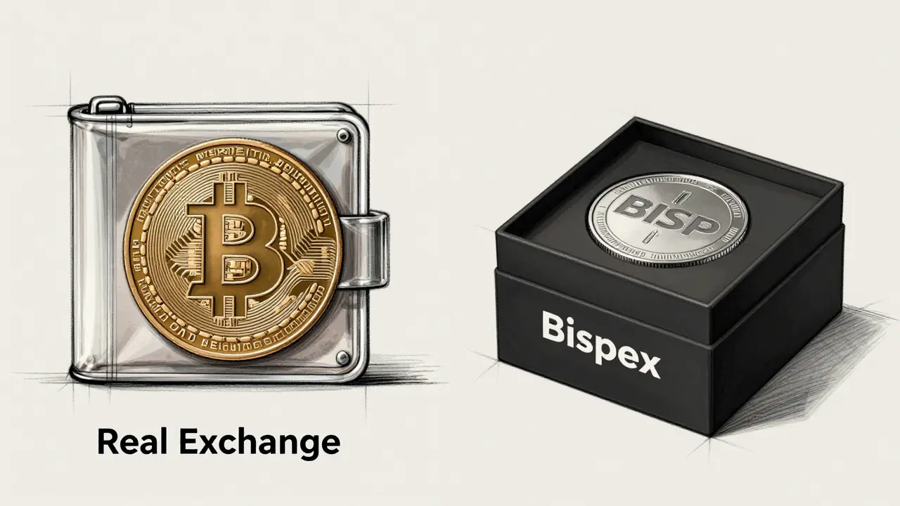Side-by-side sketch comparing transparent crypto wallet to opaque Bispex box with only one token inside.