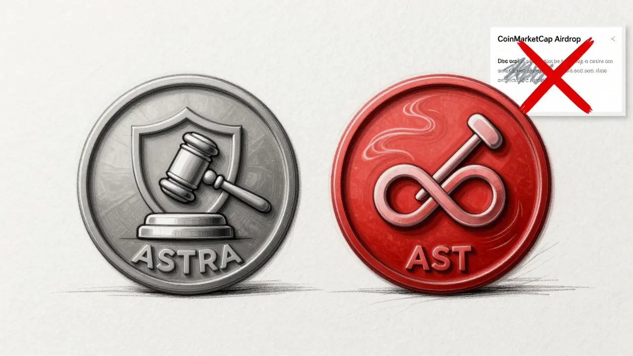 Side-by-side sketches of ASTRA compliance token and AST trading token with scam warning
