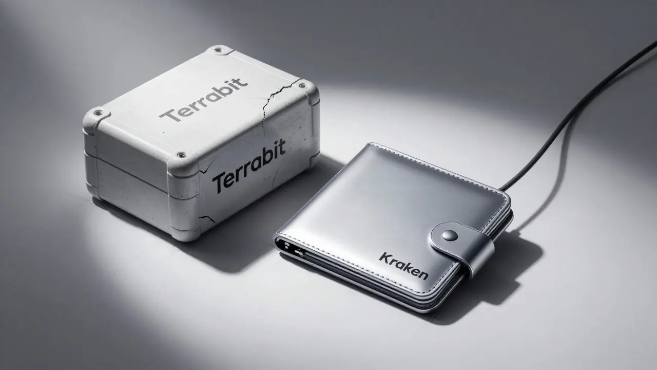 Sleek secure wallet beside a cracked, empty box labeled Terrabit, lit by dramatic spotlight.
