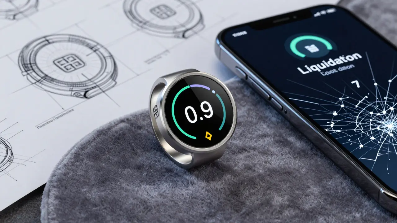 Smart ring displaying health factor at 0.9 with liquidation alert on nearby phone
