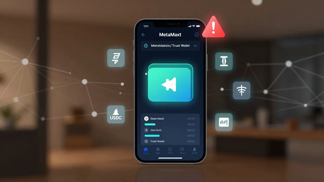 Smartphone displaying a crypto wallet app with floating transaction icons and a phishing warning.