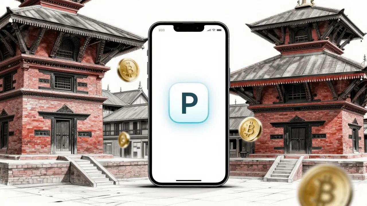 Smartphone with VPN and crypto symbols blurred behind traditional Nepali architecture.