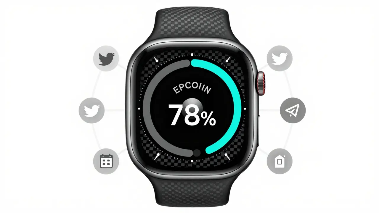 Smartwatch face showing airdrop progress with EPCOIN logo and engagement icons.