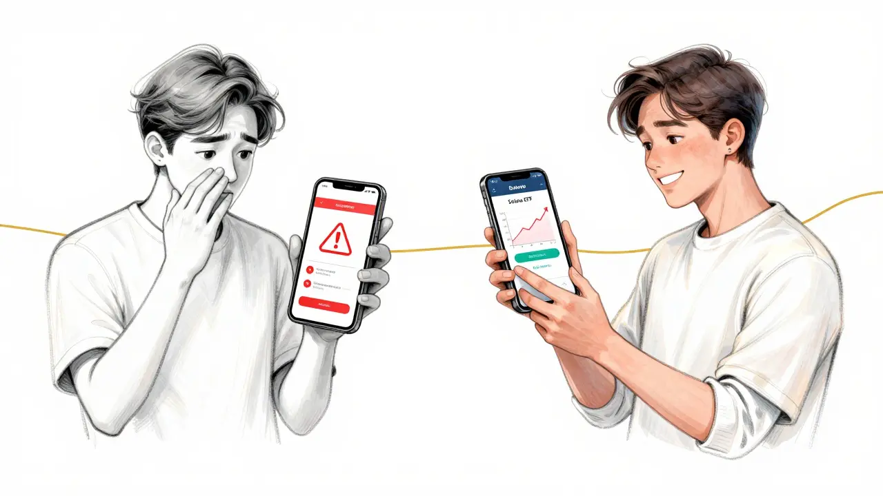 Split-screen design: nervous crypto user vs. calm ETF investor, connected by a golden blockchain line.