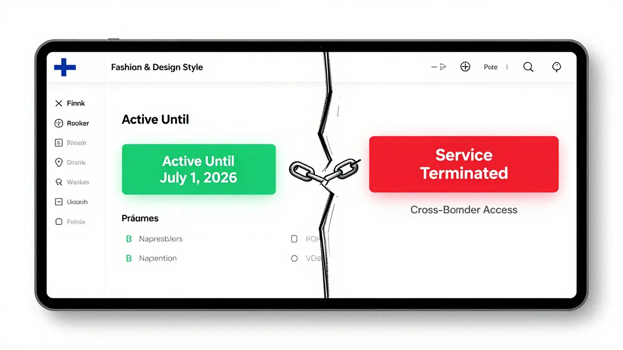 Split-screen device showing active Polish status and terminated Finnish service with broken link.