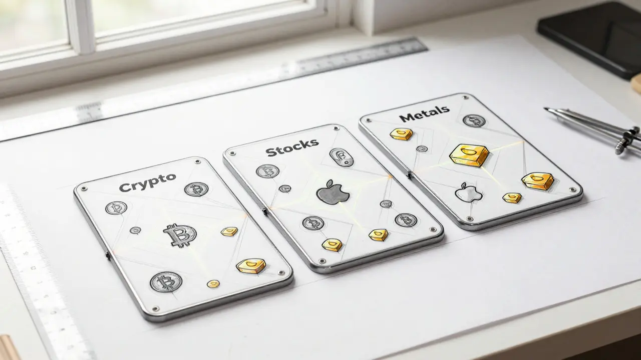 Three interlocking panels representing crypto, stocks, and metals connected by glowing lines.