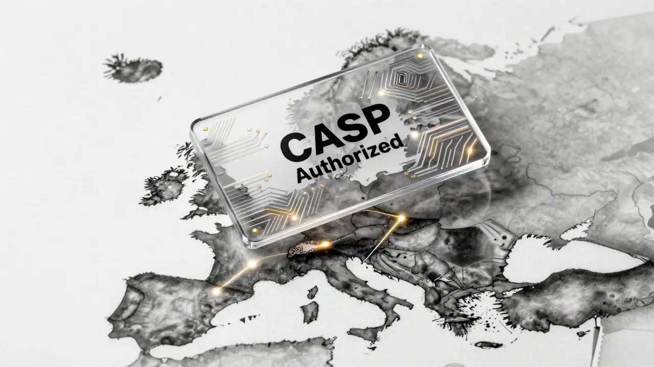 Transparent CASP-authorized card hovering over glowing EU map with fading unlicensed regions.