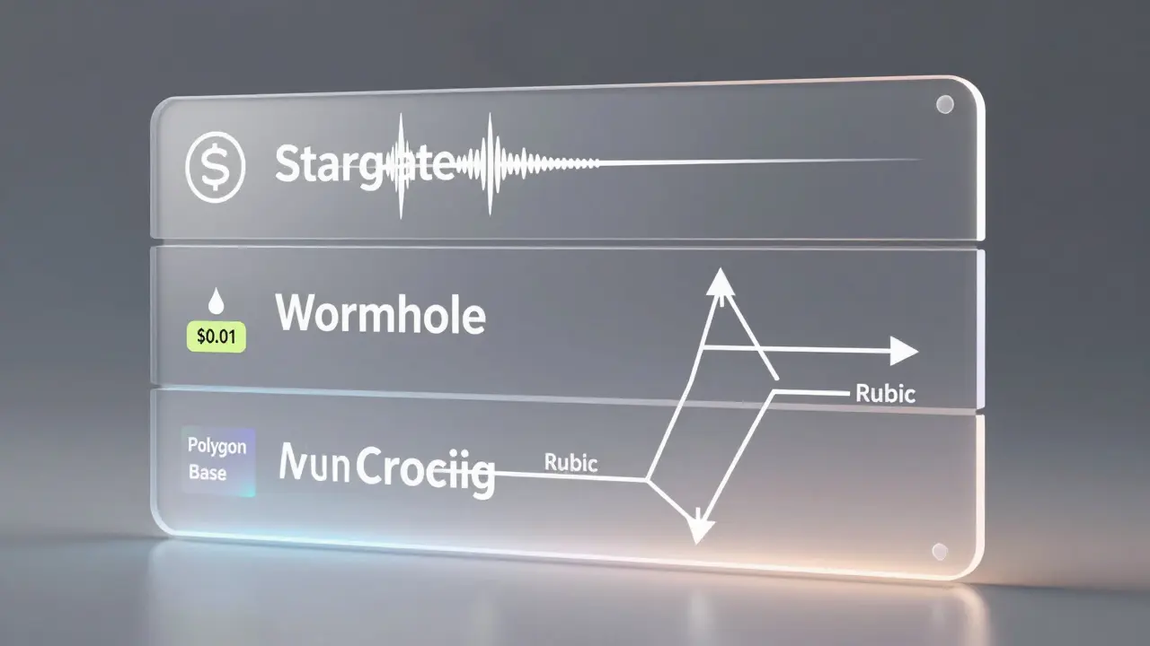 Transparent panel showing three crypto transfer routes with speed, cost, and path indicators.