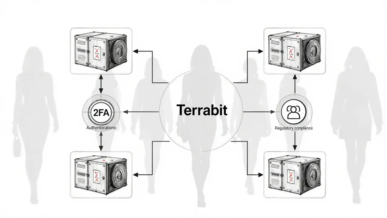 Transparent security flowchart contrasted with a hollow, empty silhouette labeled Terrabit.