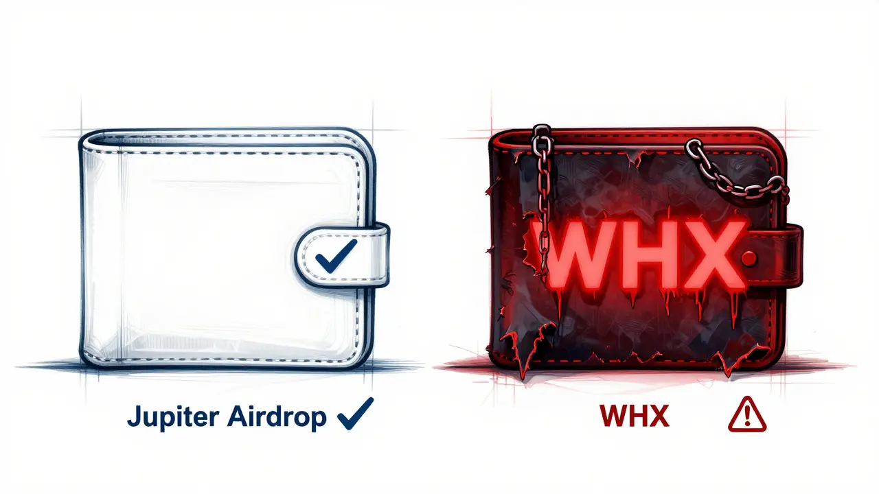 Two contrasting wallets: one verified and clean, the other red and chained with warning symbols.