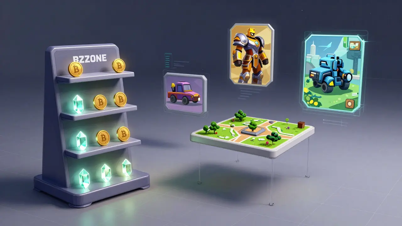 Virtual NFT marketplace with BZZONE tokens as glowing crystals beside blockchain game items.