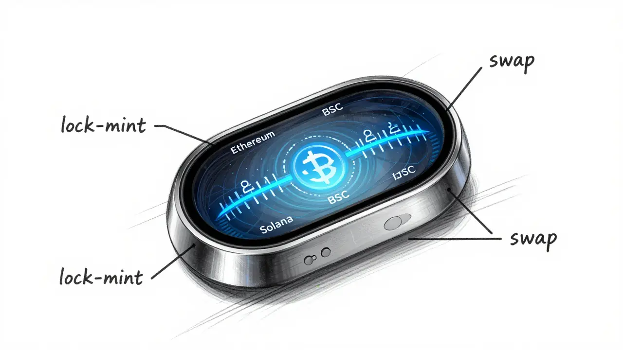 Wearable device displaying cross-chain crypto flows with bridge icons and technical annotations.