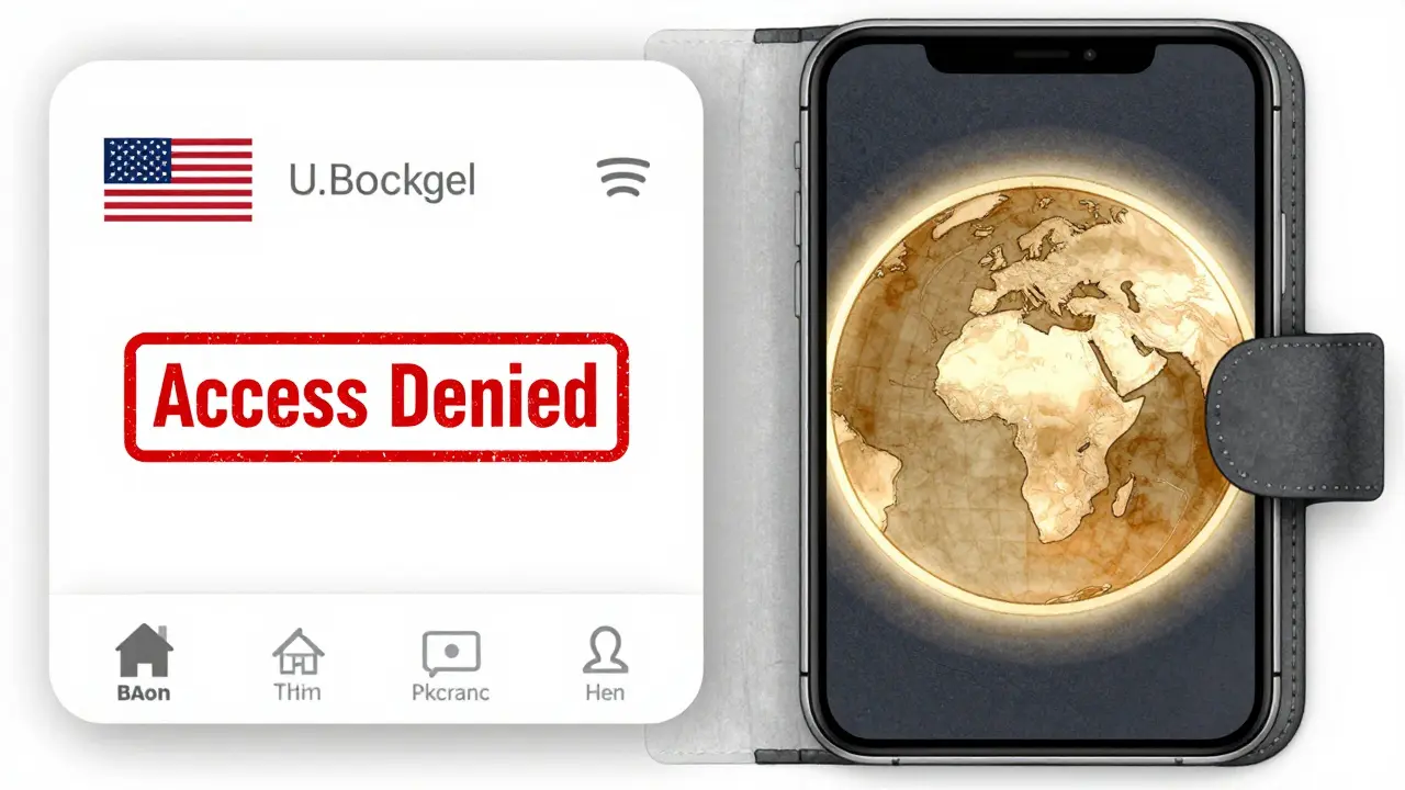 A dual-panel design showing blocked U.S. stock access versus a BAon token with global user regions highlighted.