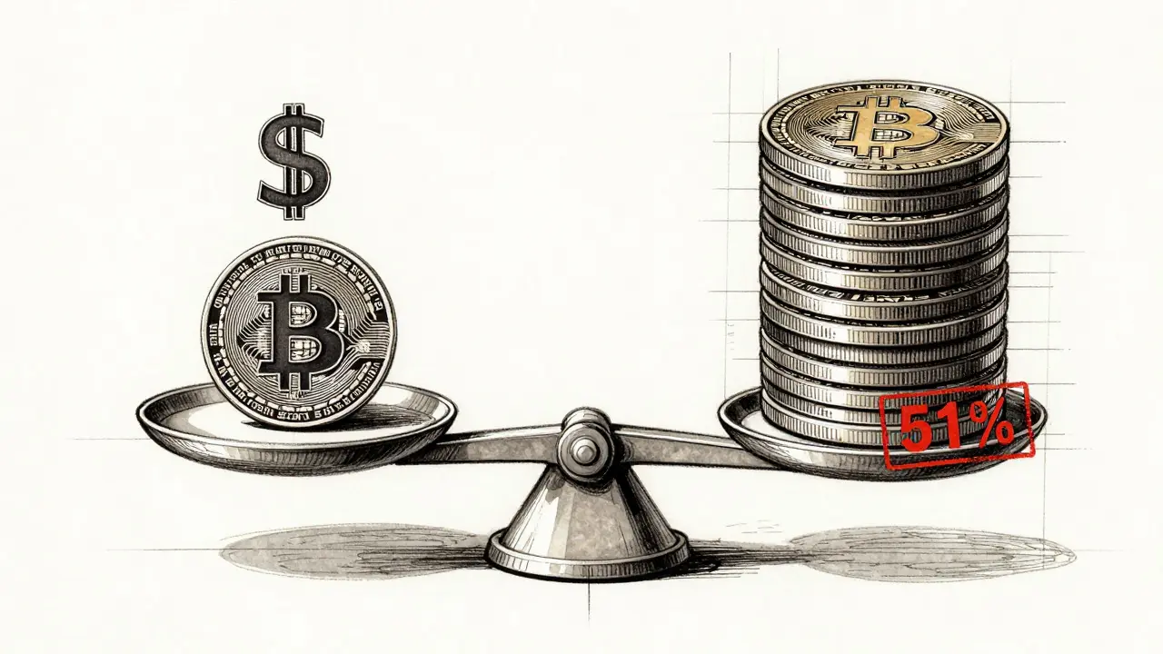 A scale balancing a small altcoin against massive Bitcoin hardware, marked with a 51% stamp.