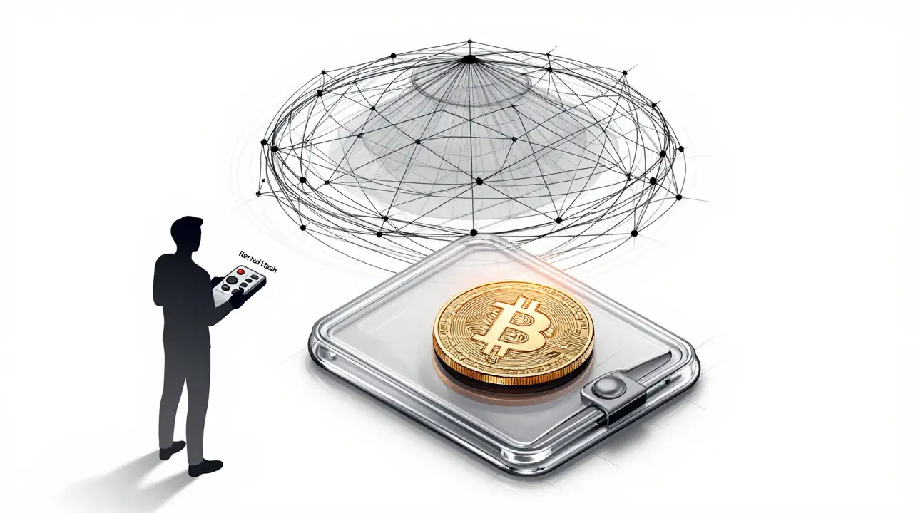 A transparent wallet with one coin, dominated by a shadowy mining pool controlling hash power.