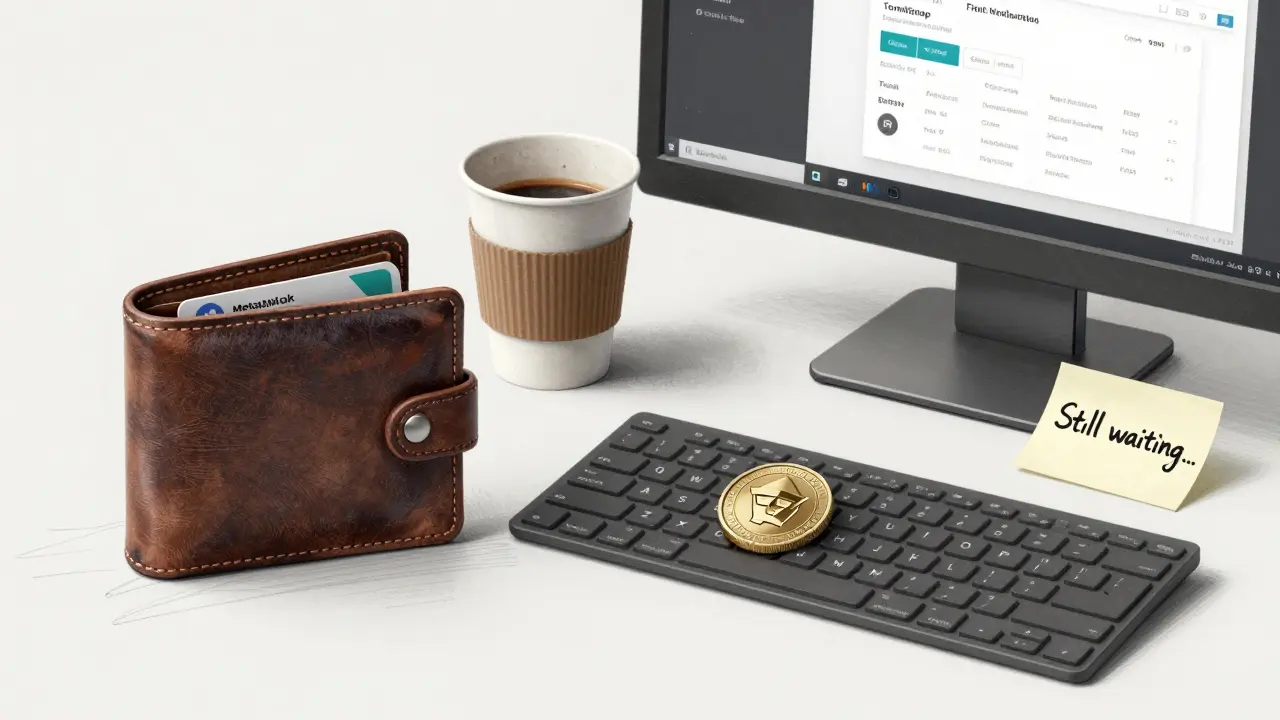 Abandoned workstation with frozen TombSwap screen, empty wallet, and single token on keyboard.