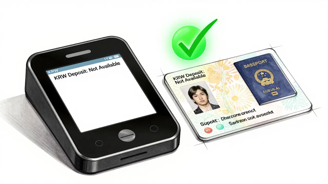 Bank transfer terminal showing KRW deposit restriction with ID verification elements