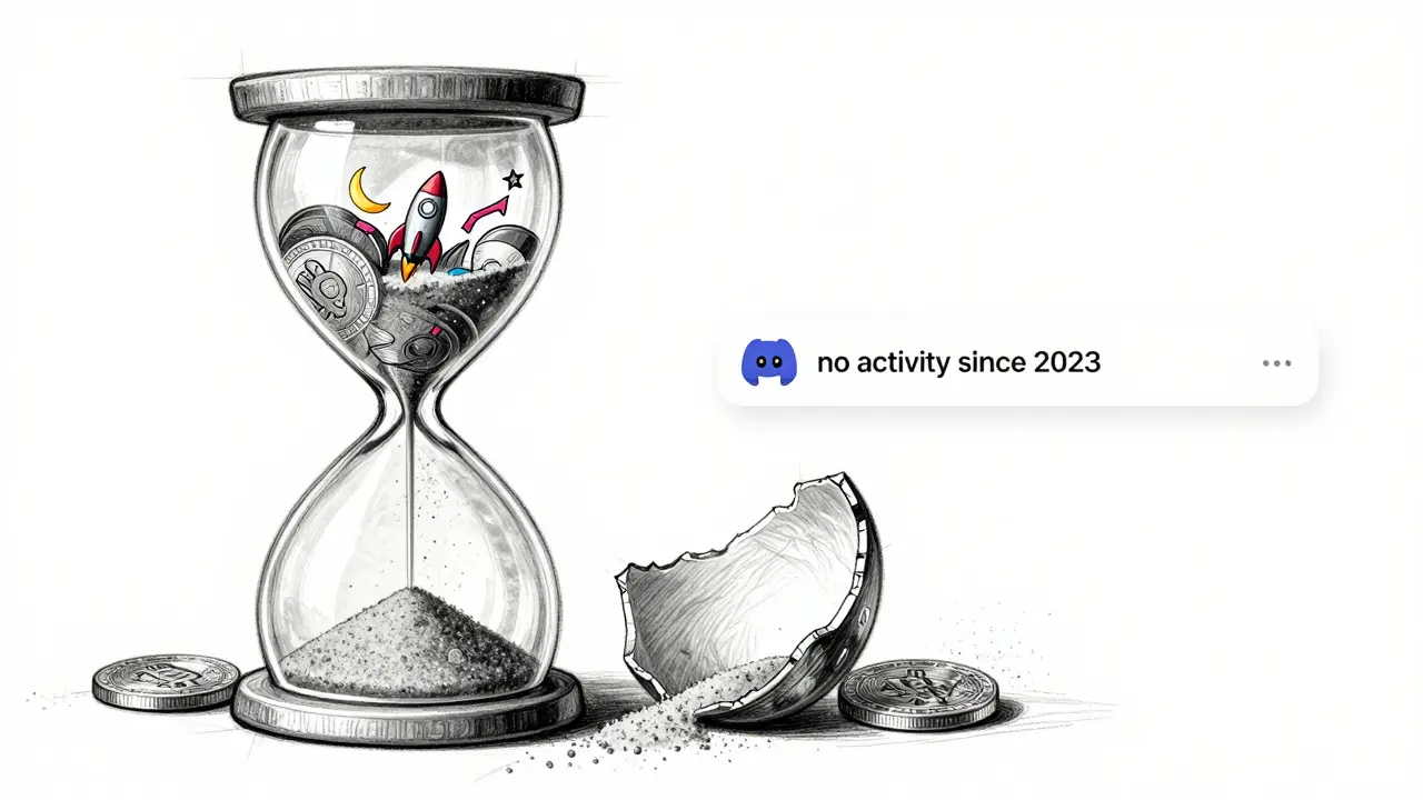 Broken hourglass made of Jeet tokens, hype above, dust below, symbolizing abandoned crypto hype.