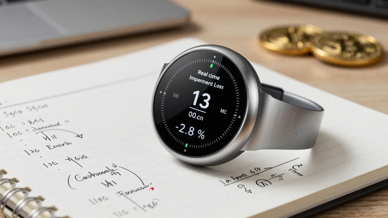 Circular wearable dashboard showing impermanent loss and fee metrics, beside a notebook with calculations.