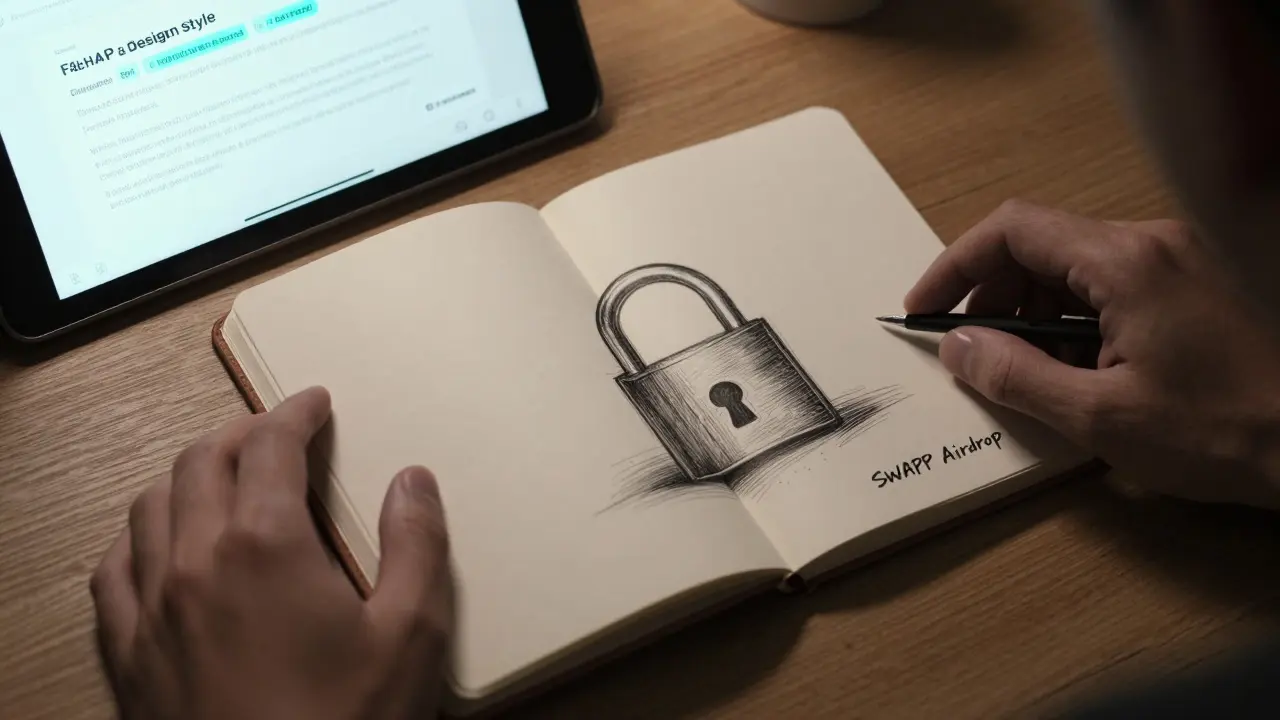 Closed notebook labeled 'SWAPP Airdrop' locked with a padlock, beside a verified token contract on a tablet.