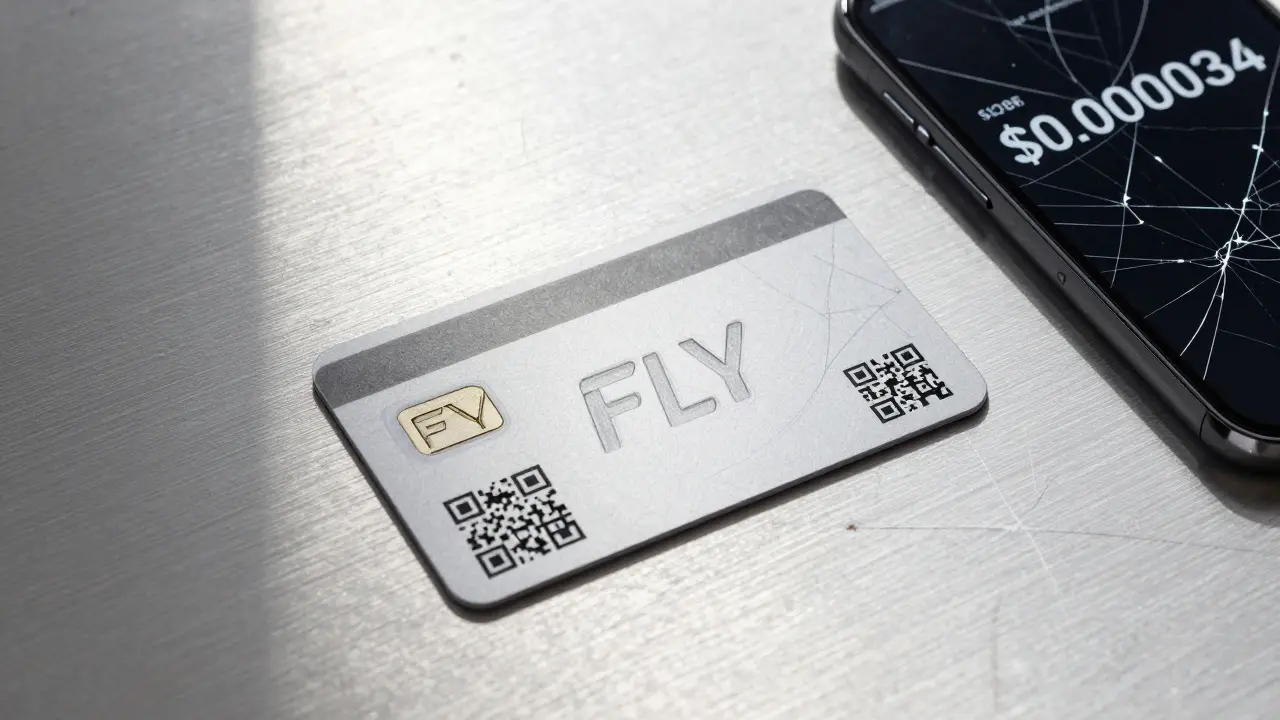 Credit-card-sized FLY token design beside a cracked phone showing near-zero price.