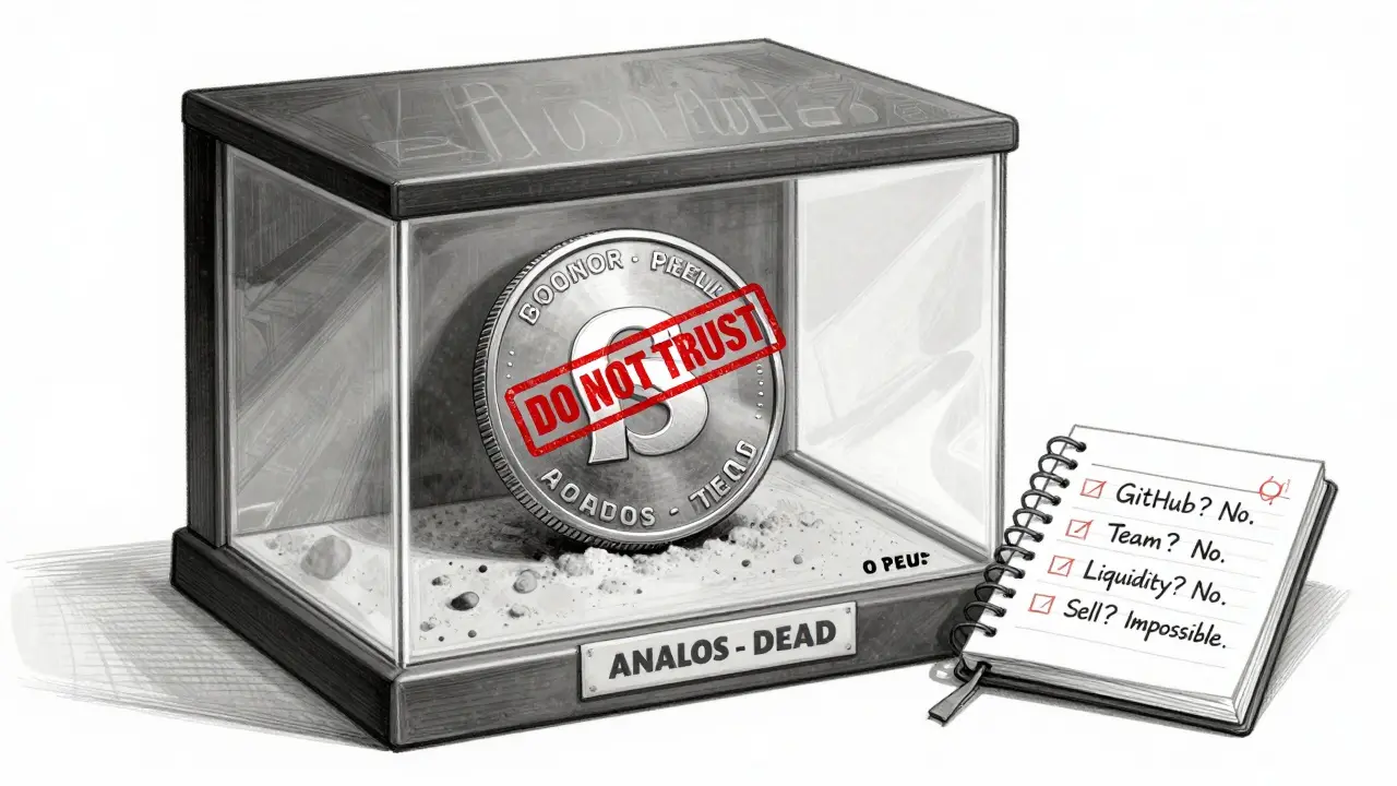 Dead crypto token in a display case labeled 'ANALOS - DEAD' with a red 'DO NOT TRUST' stamp.