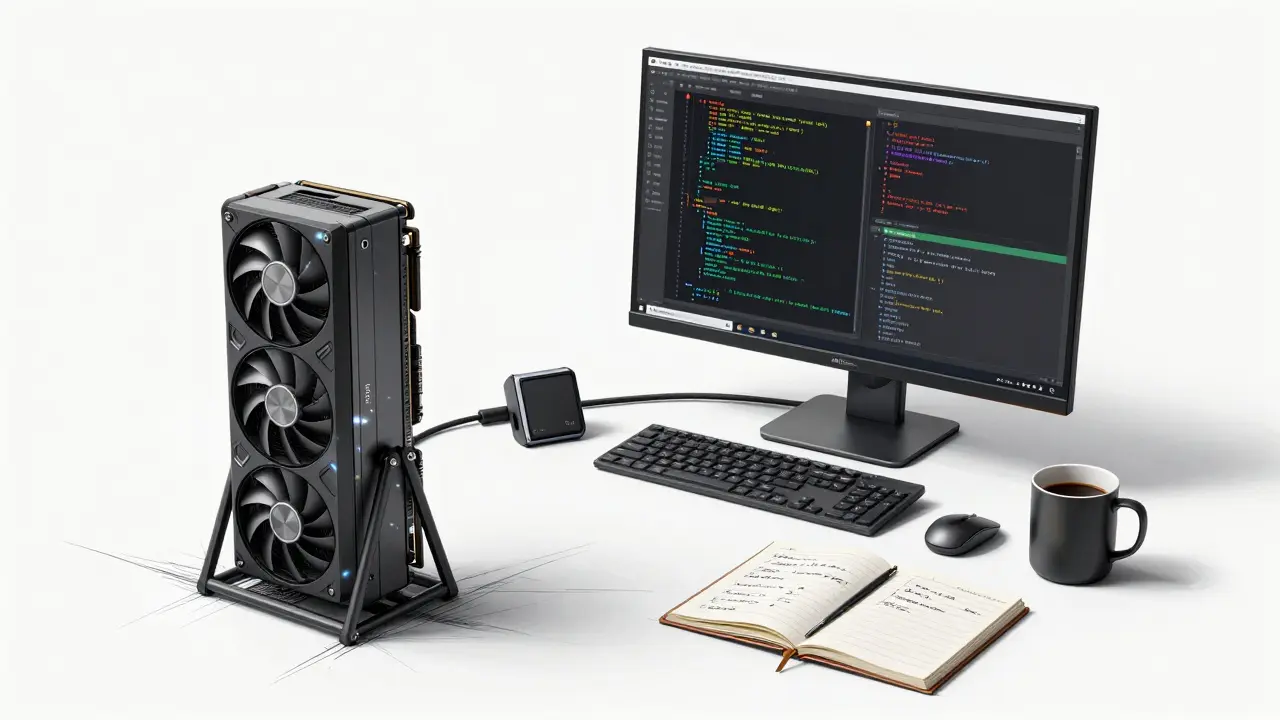 Desktop setup with GPU, monitor, and notes showing Morpheus node operation