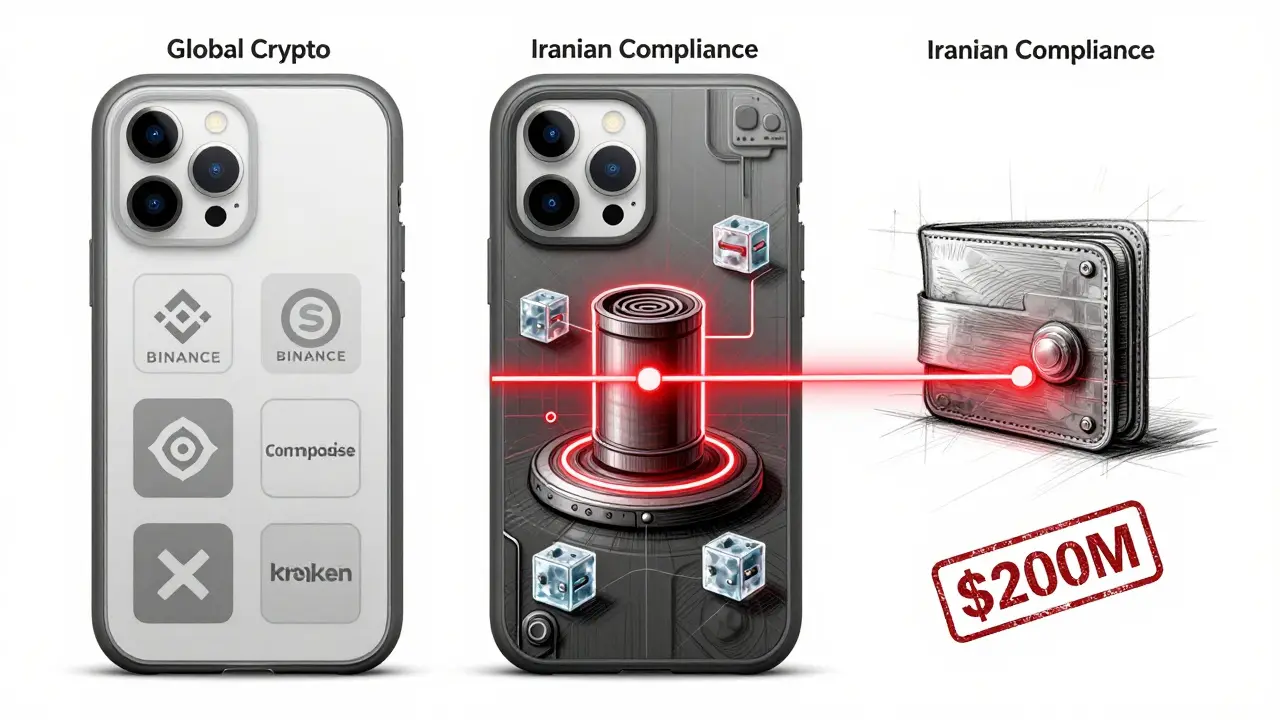 Dual-layer smartphone case showing global vs. Iranian crypto compliance