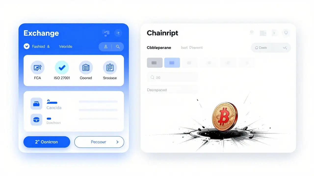 Dual-panel design comparing a legitimate exchange with a ghostly fake platform labeled Chainrift.