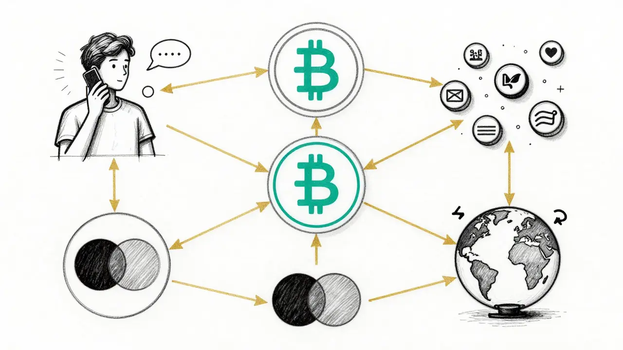 Ecosystem sketch linking user, blockchain, card, and globe with token flow lines.