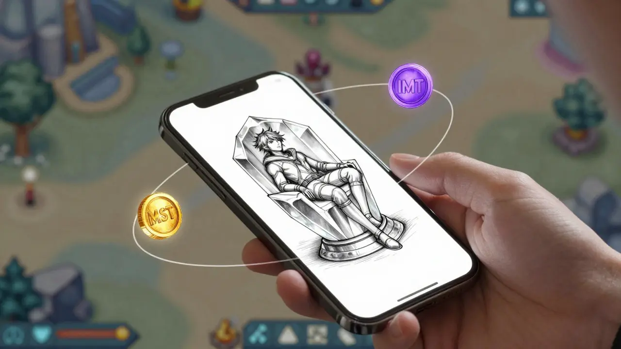 Futuristic idle gaming interface with hero in crystal cradle, surrounded by MST and IMT tokens in separate orbits.