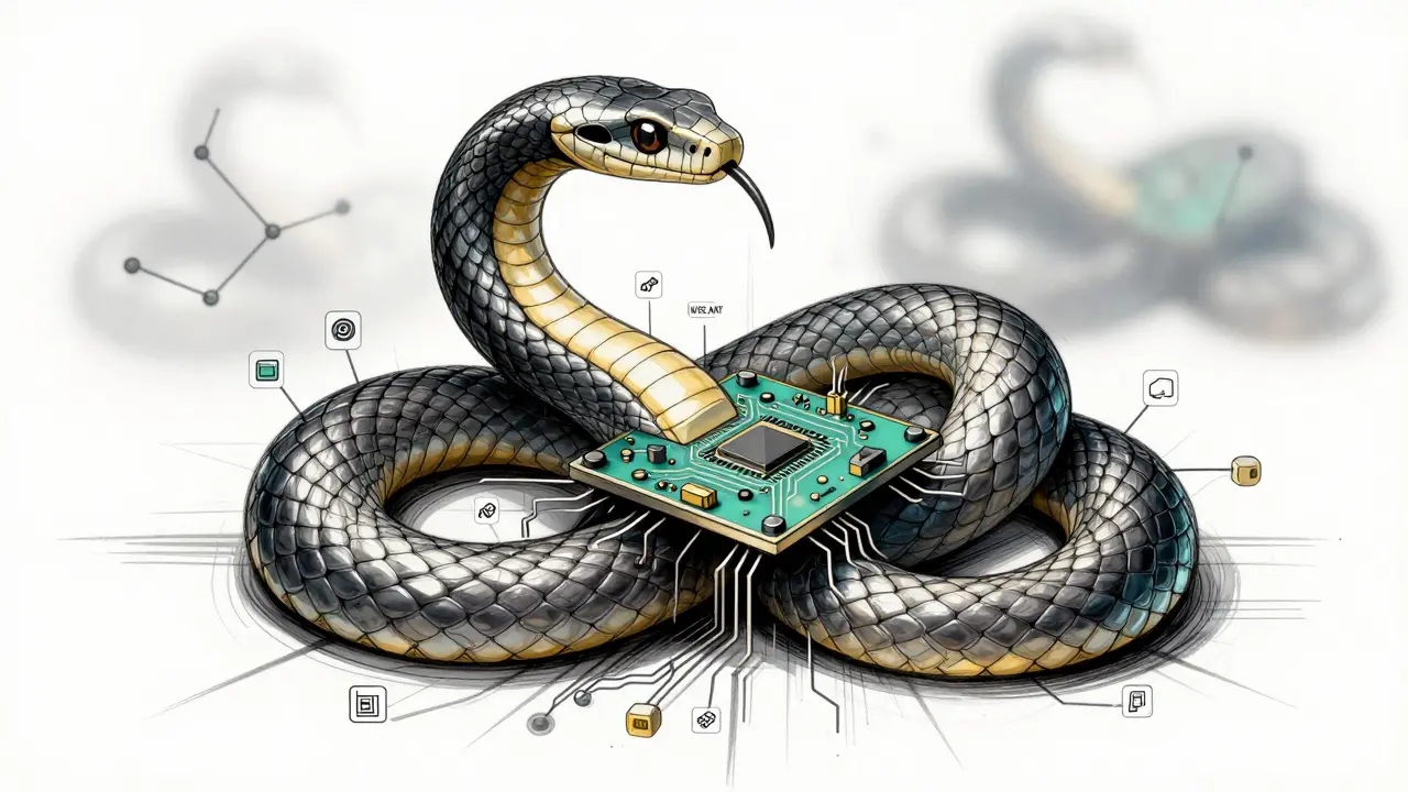 Futuristic scaled serpent key coiled around a Polygon circuit board, with crypto project icons emerging from its scales.