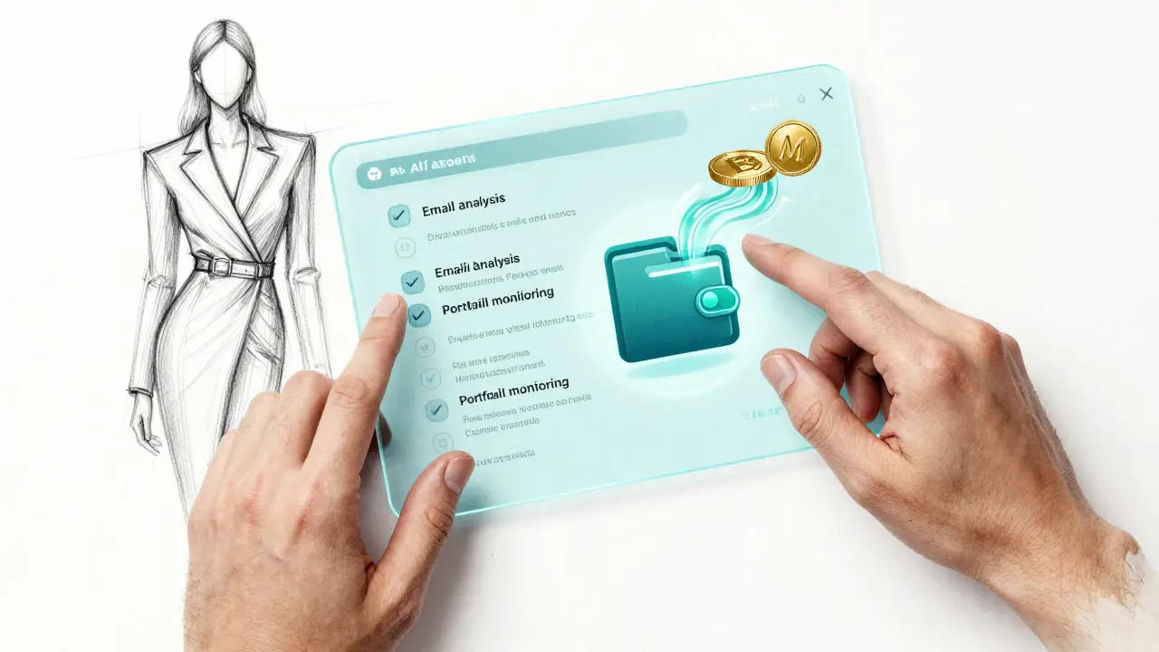 Hands interacting with holographic AI tasks and token flows near a digital wallet