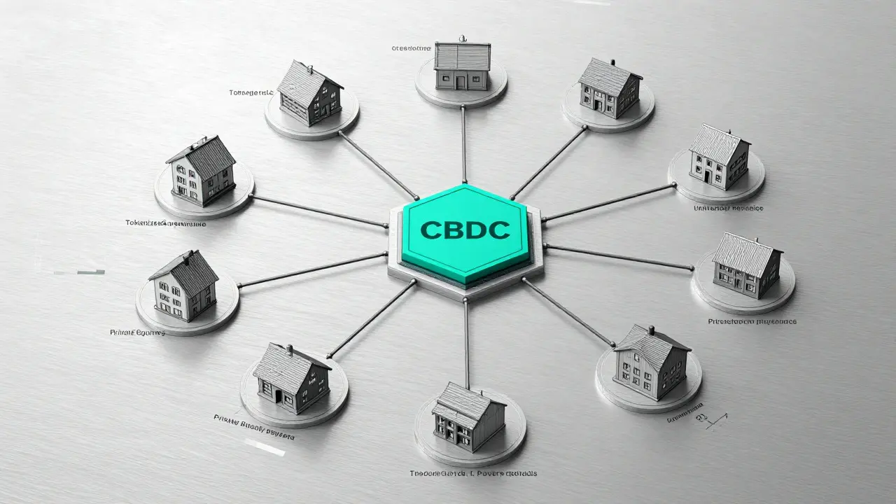 Hexagonal CBDC node radiating filaments to tokenized assets on brushed aluminum surface.