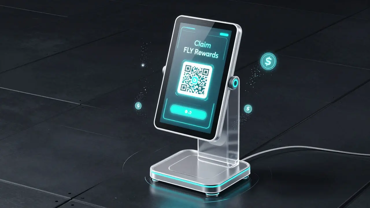 Holographic airdrop kiosk with glowing FLY claim prompts and particle effects.