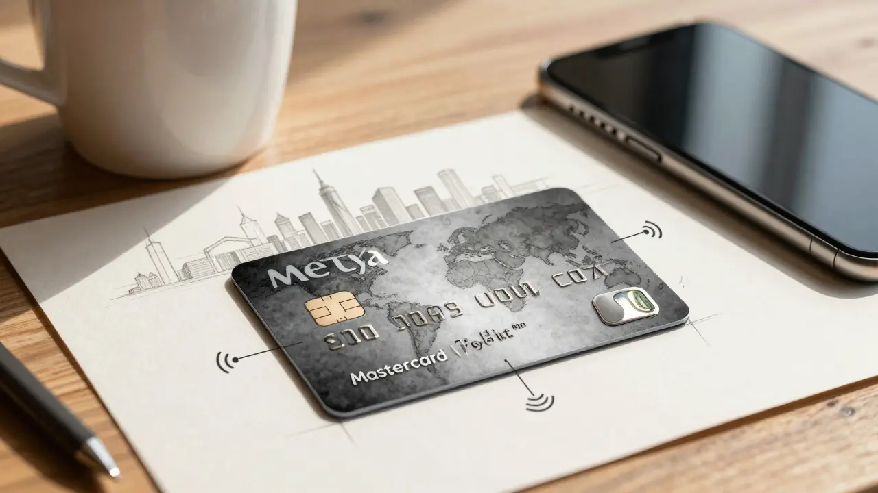 MetYa Mastercard on table next to coffee cup, glowing with token emblem.