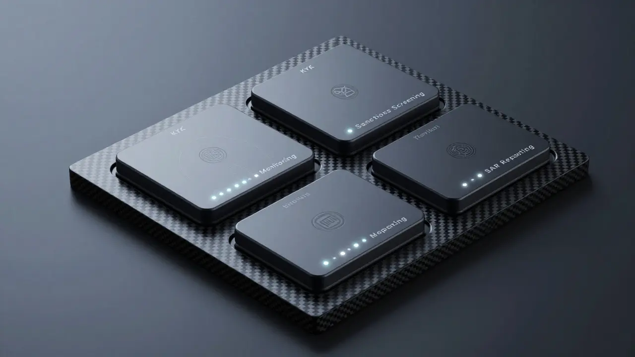 Modular compliance toolkit with labeled modules on a carbon-fiber tray, glowing with LED indicators.