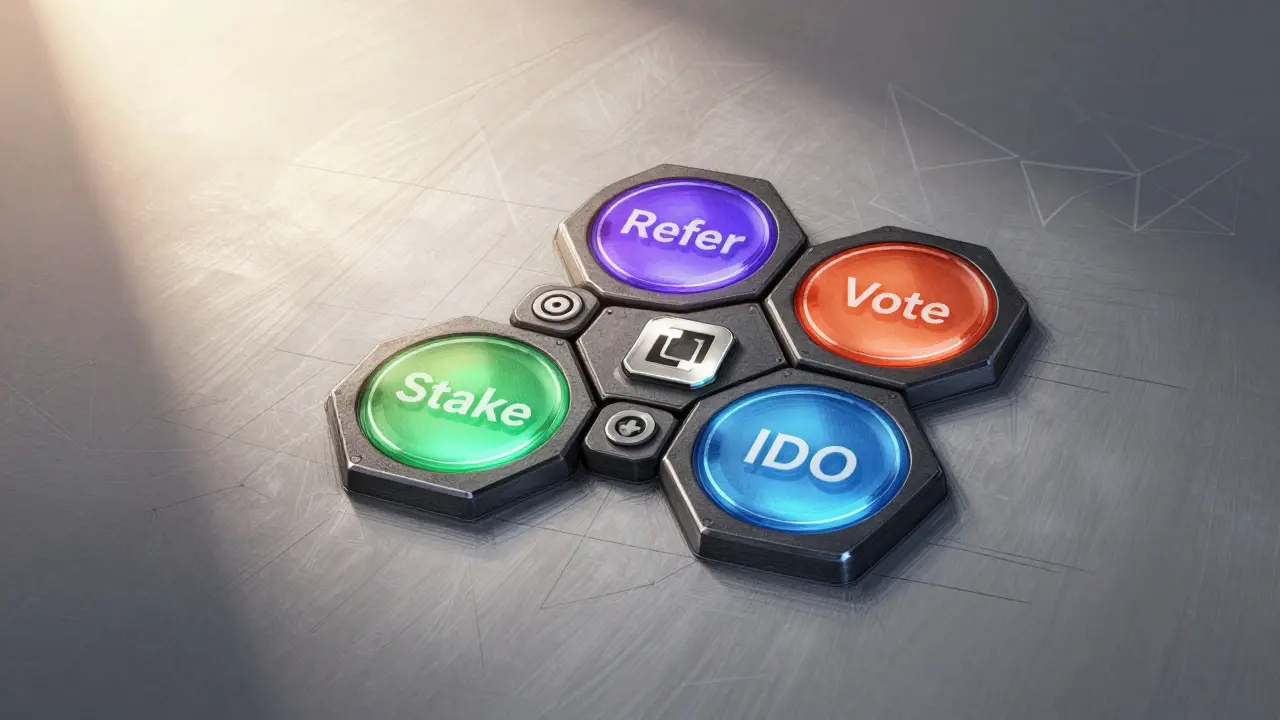 Modular loyalty card with detachable activity modules labeled Stake, Refer, Vote, IDO on a metal surface with Polygon grid beneath.