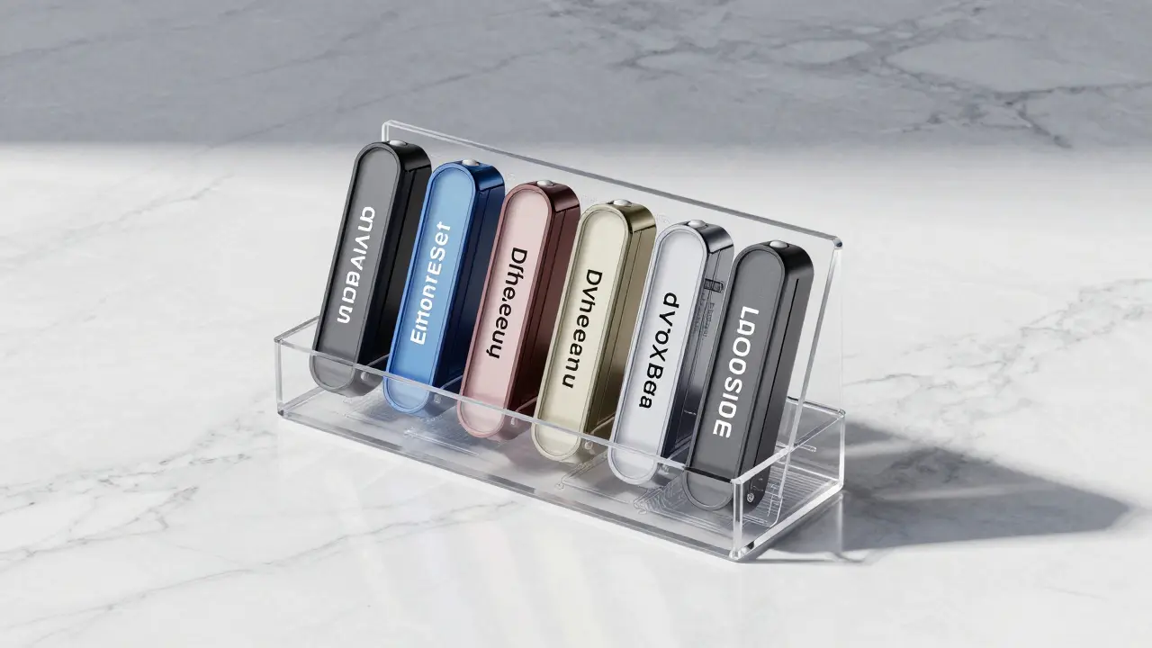 Modular SDAO token holder with interchangeable DynaSet cartridges on marble surface.