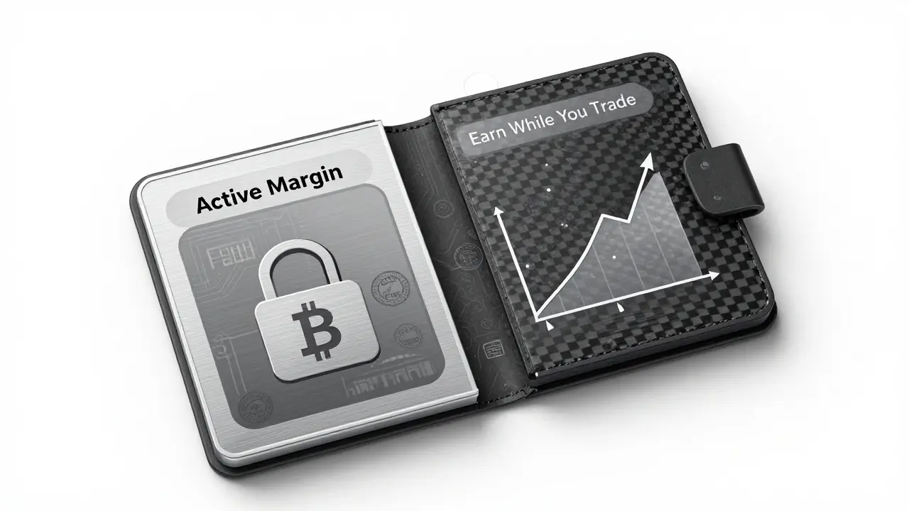 Modular wallet interface showing active margin and yield-generating idle capital, designed with metallic materials and regulatory seals.
