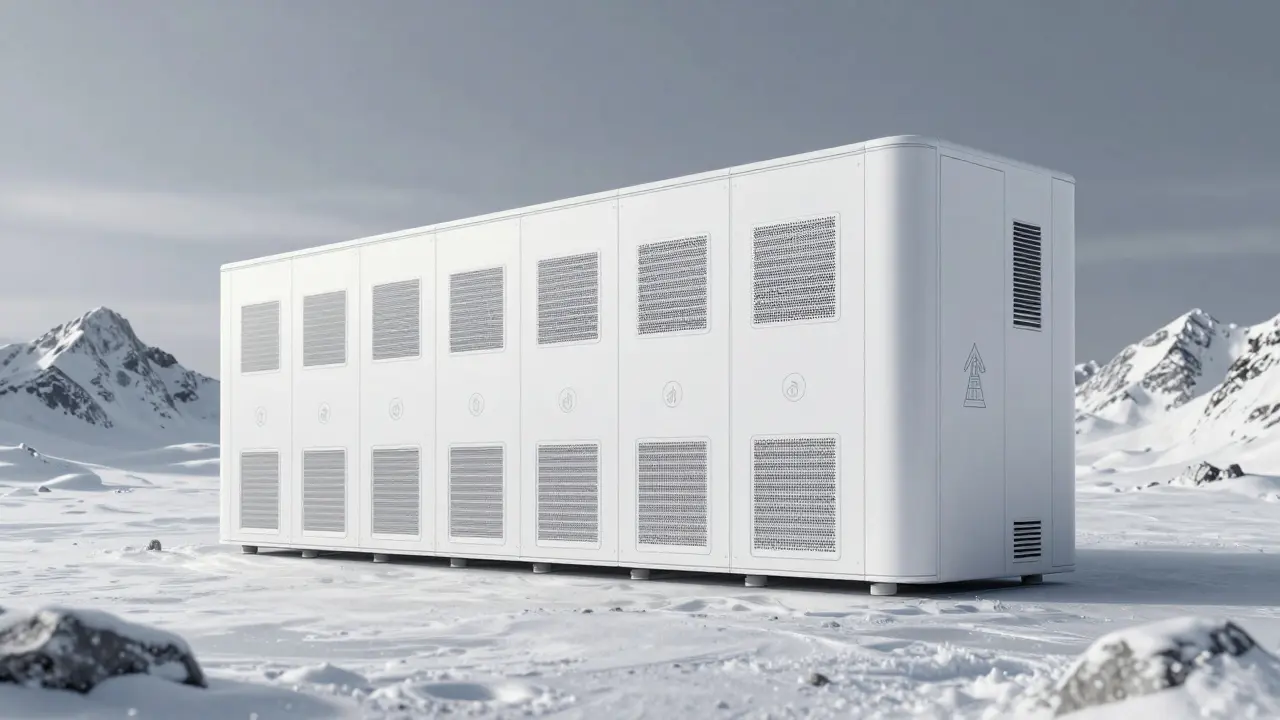 Nordic data center blending into snowy mountains with hidden cooling and hydropower elements.